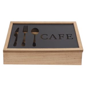 Cutlery Organiser DKD Home Decor Brown Black Metal MDF Wood Vintage 25 x 18 x 6 cm